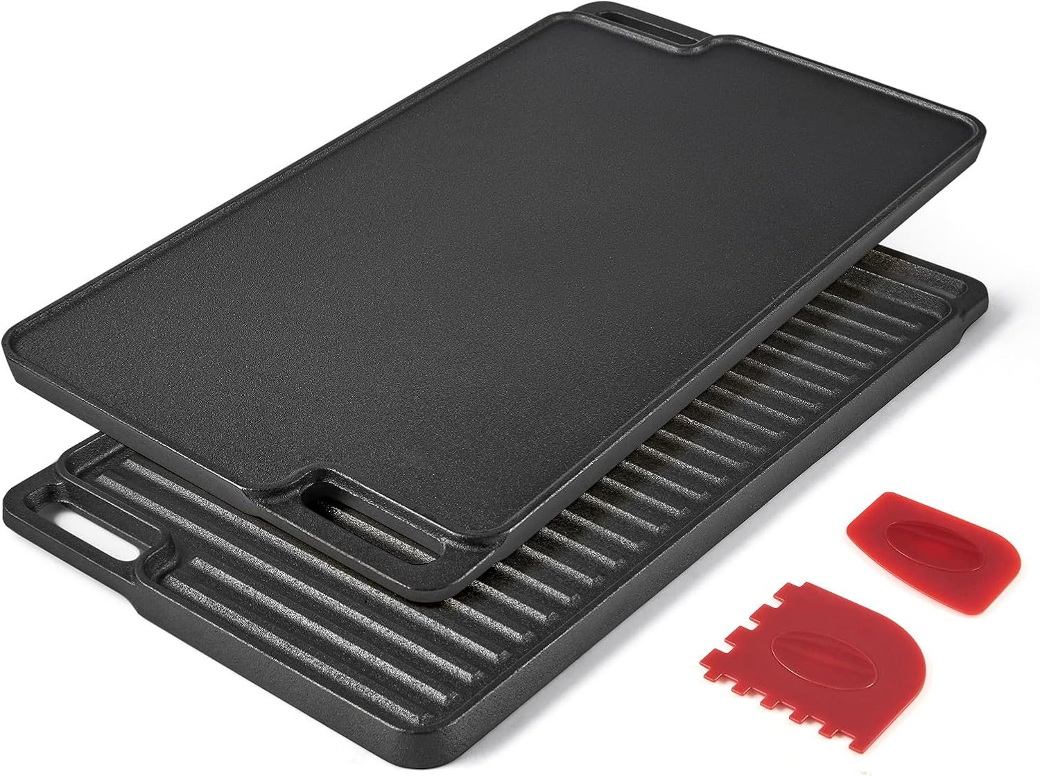 DARTMOOR 2-in-1 Reversible Cast Iron Griddle, 18 in Pre-Seasoned Cast Iron Grill Pan with Pan Scrapers, Double Side Rectangular Frying Pan with Non-Stick Surface, Indoor & Outdoor Use