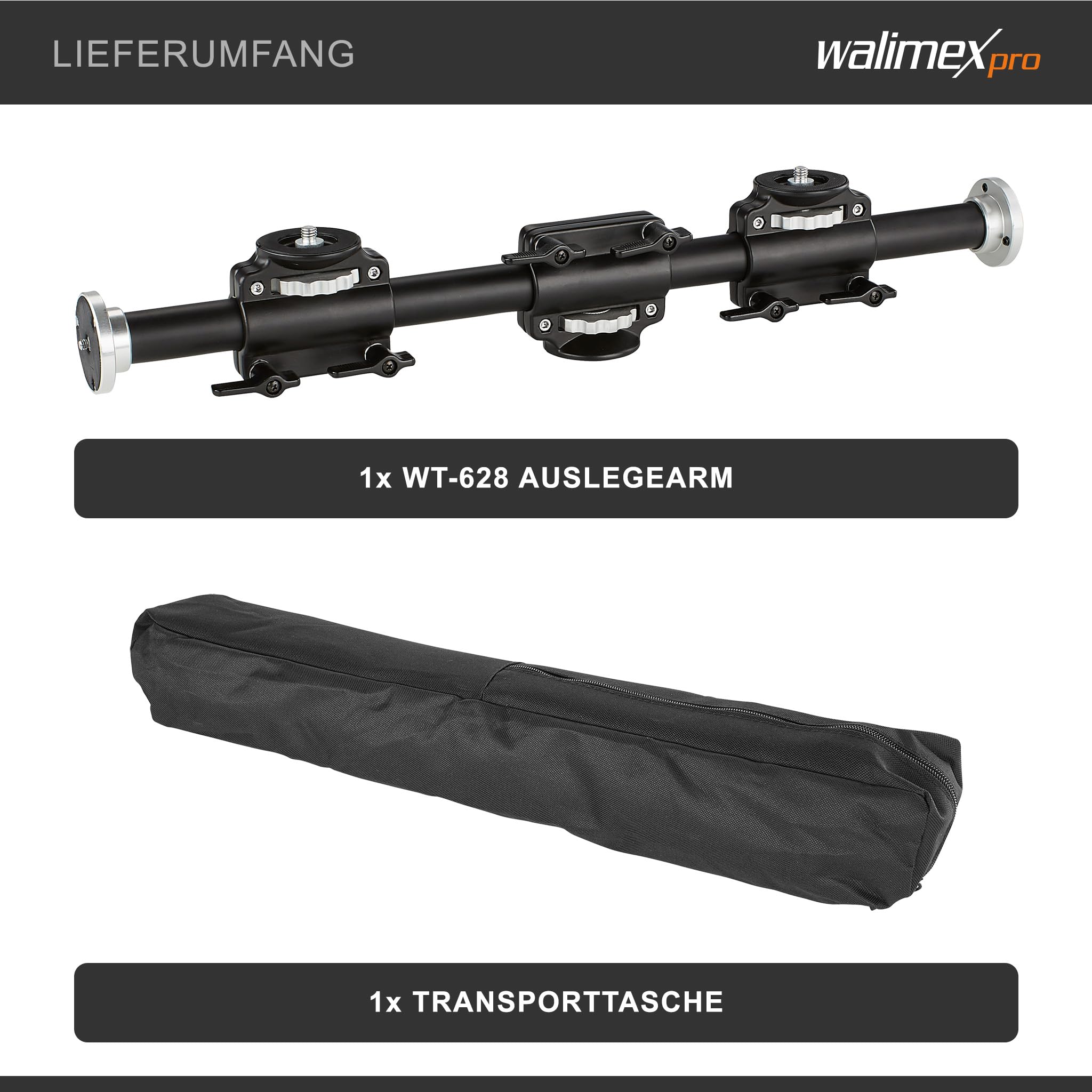 Walimex WT-628 Auslegearm (2 horizontal und vertikal verstellbare Schlitten, 2x 3/8 Zoll, 2x 1/4 Zoll, 60 cm lang, für bis zu 4 Geräte, Rohrdurchmesser 30mm, 60 cm, mit 2 Schlitten)
