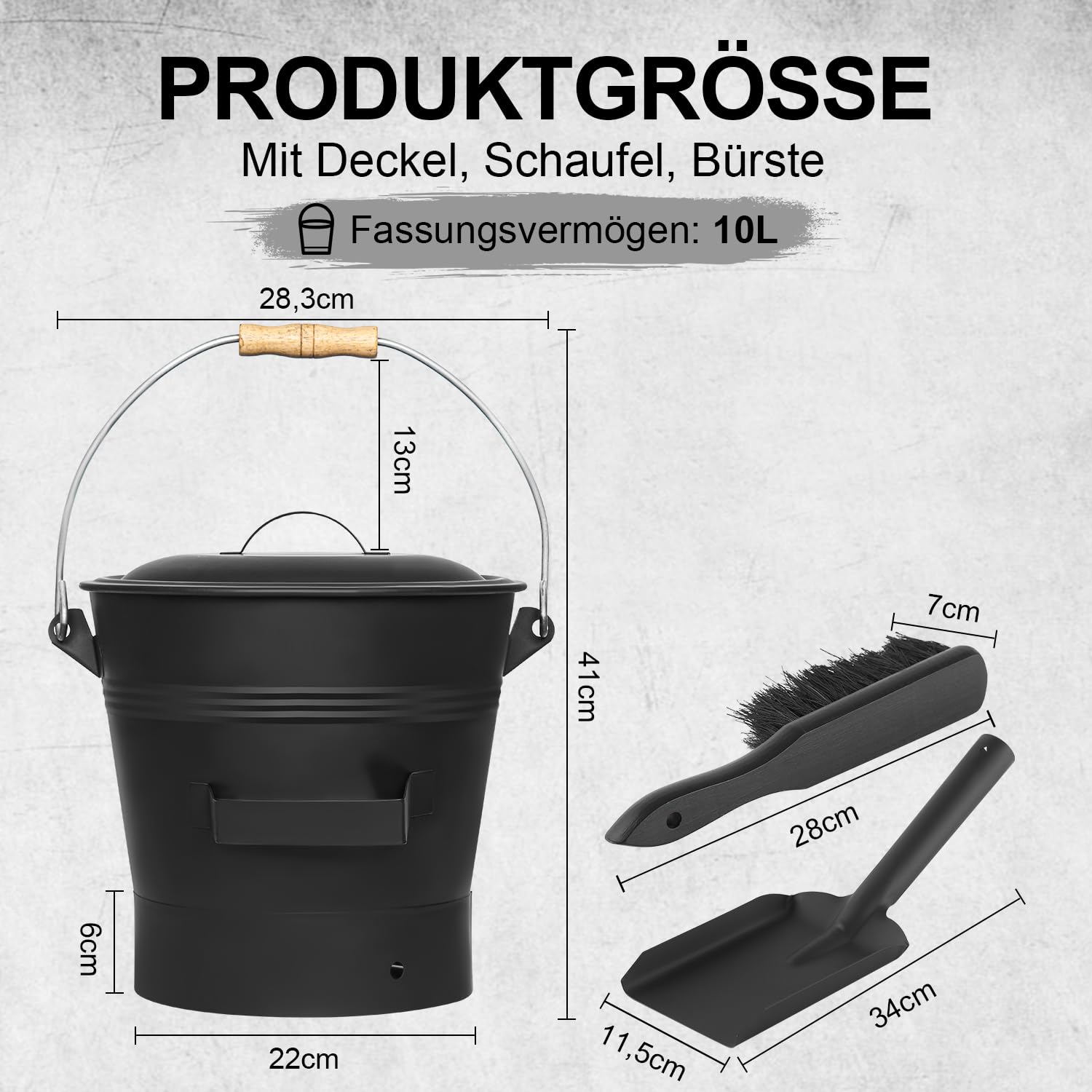 Ascheeimer mit Deckel, 10 Liter Holzkohle Kohleeimer Set mit Schaufel und Handbesen, Werkzeugset Zubehör für Kamin, Feuerstelle, Holzofen, Ascheschaufel mit Deckel für Kamin und Grill Kehrset, Schwarz