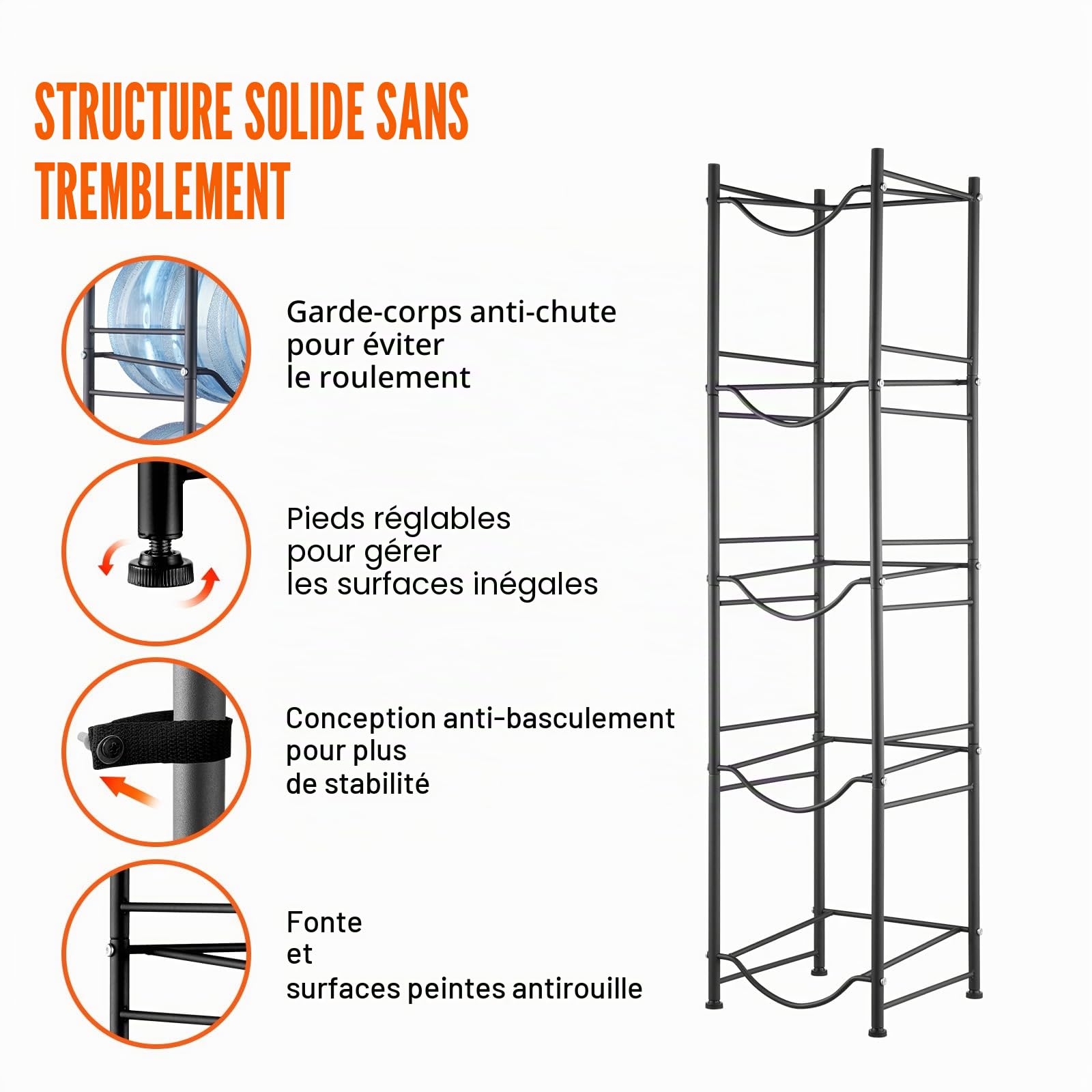 VEVOR Rack à Bonbonnes à 5 Niveaux et 1 Rangée, Support Bouteille d’Eau de 18,9 L, Capacité 5 Pièces, Range Bonbonnes d’Eau Solide, Rangement pour Garde-Manger, Cuisine, Bureau, Salon, Usine, Noir