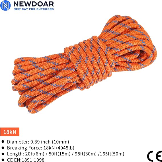 NewDoar Outdoor Rope 18KN 10 mm (3/8 in) High-Strength Accessory Rope Double Braided Multifunctional Rope for Camping Hiking Fishing Load Transport Hammocks Tents (Orange 10 mm 98 ft)