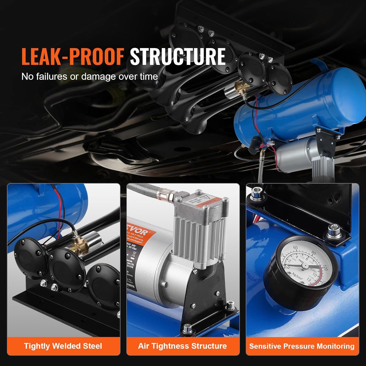 Diagram showing leak-proof structure with tightly welded steel, air tightness, and sensitive pressure monitoring.
