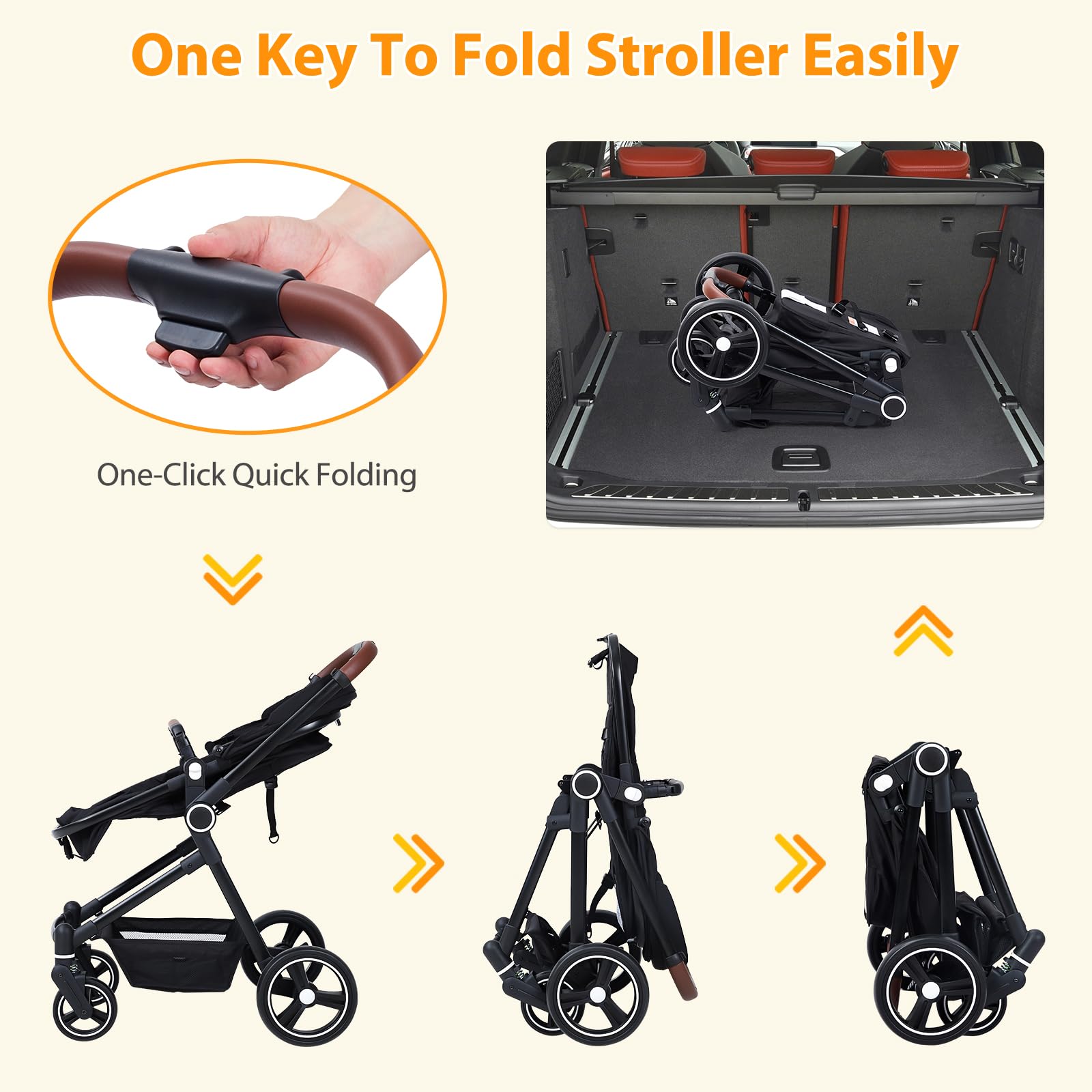 GarveeHome Kinderwagen 3 in 1 Kombinationskinderwagen von Geburt bis 26 kg (0-36 Monate) mit Babywanne, Sportwagenaufsatz & Babyschale, höhenverstellbarer Griff, große Ausziehhülle, Schwarz