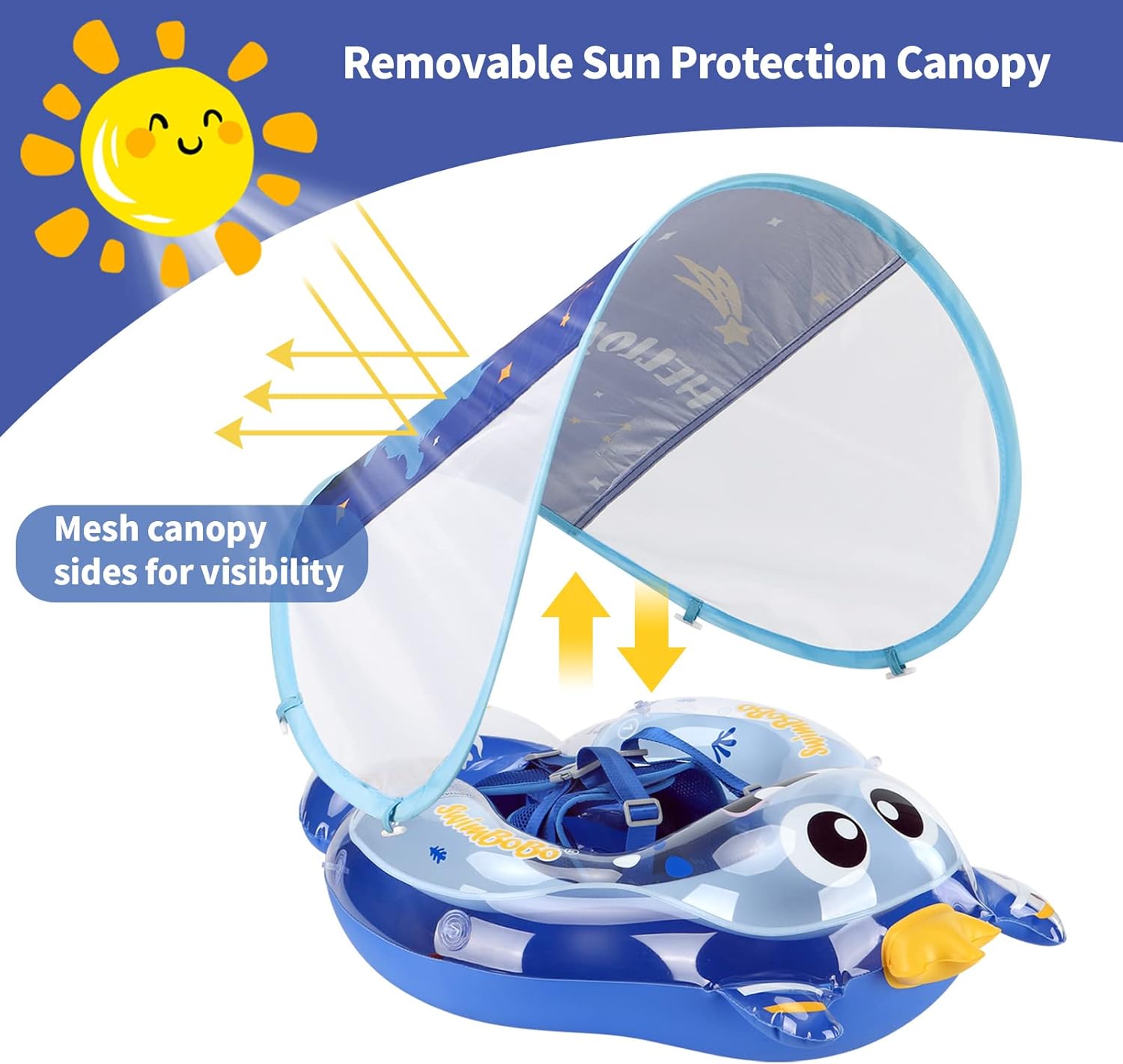 Swimbobo Infant Pool Float with Sun Canopy Inflatable Baby Swimming Floatie with Sponge Safety Bottom Support Water Toys Swim Trainer(Blue Monster,Large)