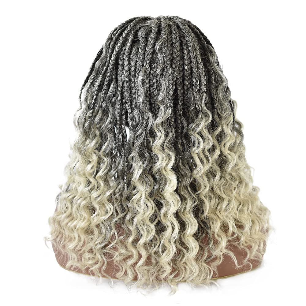 12.5X4.75 Curly Braided Swiss Lace Front Wigs for Women with Baby Hair 18" Hand Made Crochet Hair Curly Ends Box Braided Wig Heat Friendly Kanekalon Synthetic (#1B/613T Black Blonde Ombre Color)
