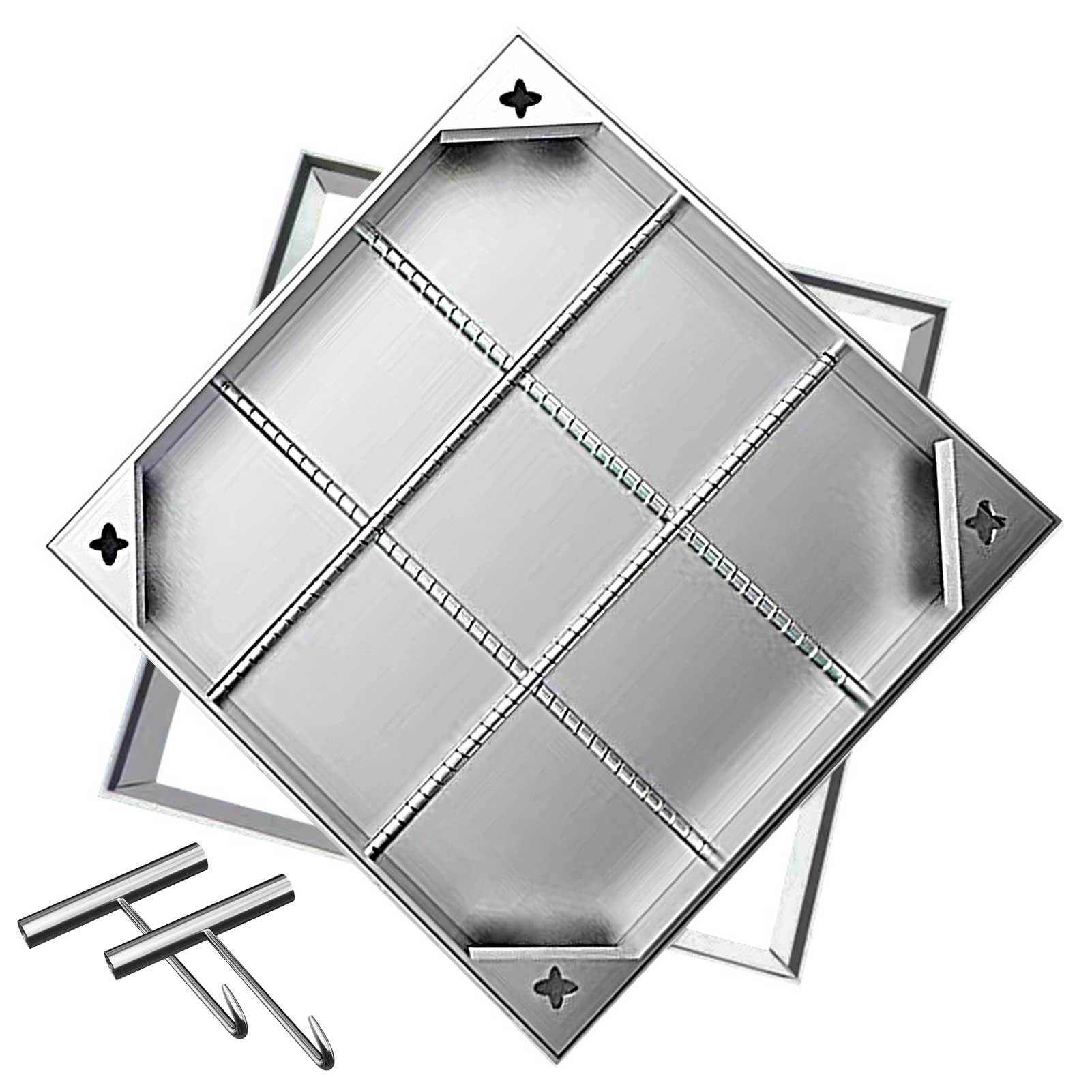 GJMSSMY Invisible Stainless Steel Manhole Cover and Frame Square Recessed Sewer Access Lid with 2 Lifting Hooks 50x50cm for Driveway/Walkway 6cm Height& Sleek Design