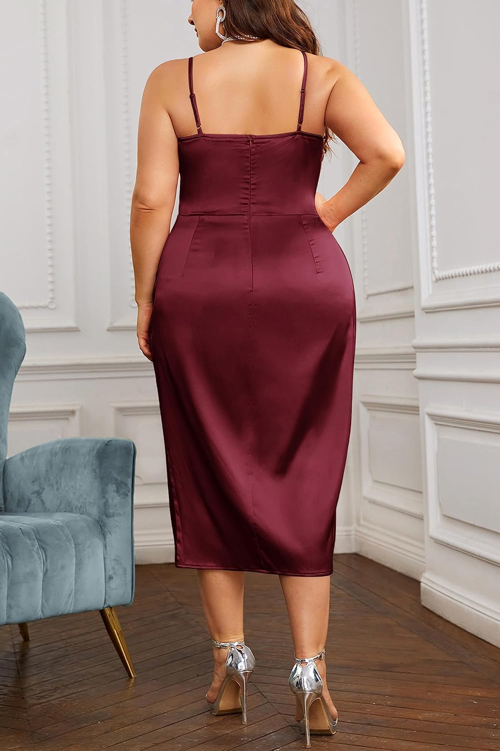 KIMCURVY Women's Plus Size Satin Dress Ruched Spaghetti Strap Cowl Neck Midi Party Cami Dress for Cocktail Party - Image 2