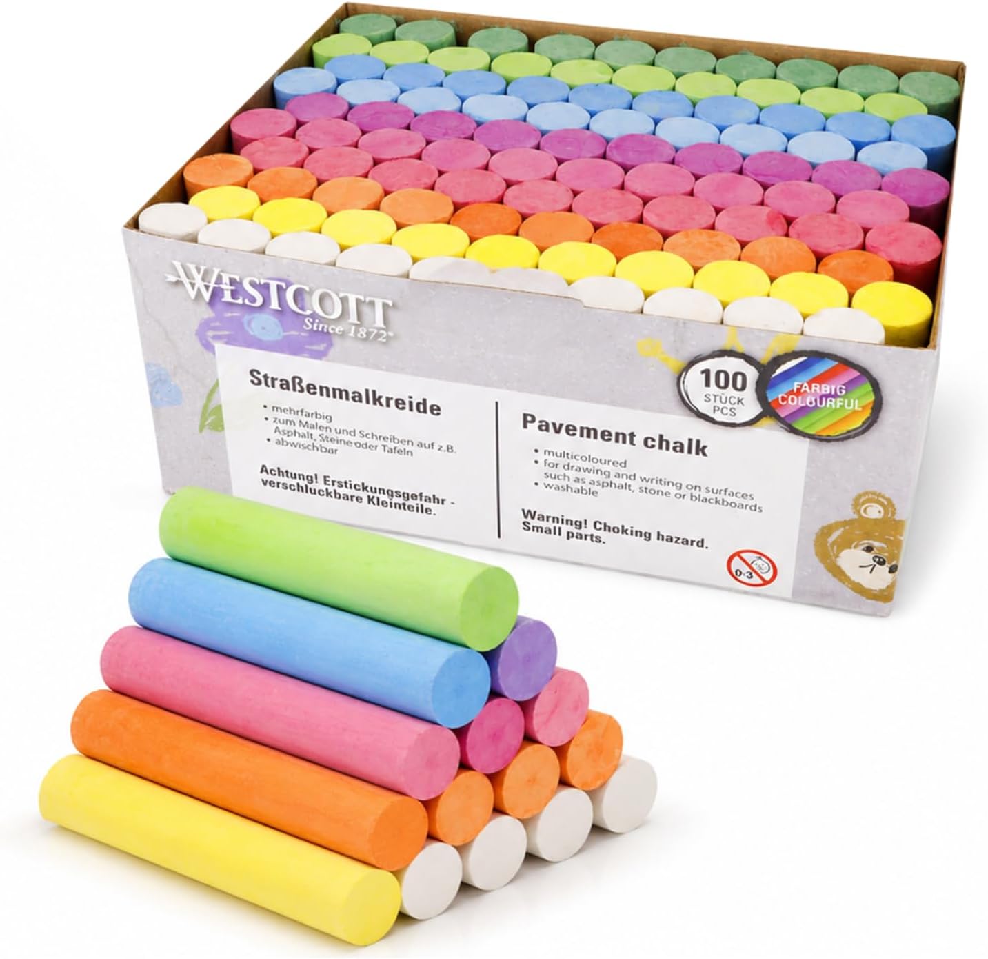 Westcott Street Chalk, 100-Piece Set | Colorful street chalk in 10 colors | Easily washable | Ideal for asphalt, stone, and chalkboards | E-744988 00