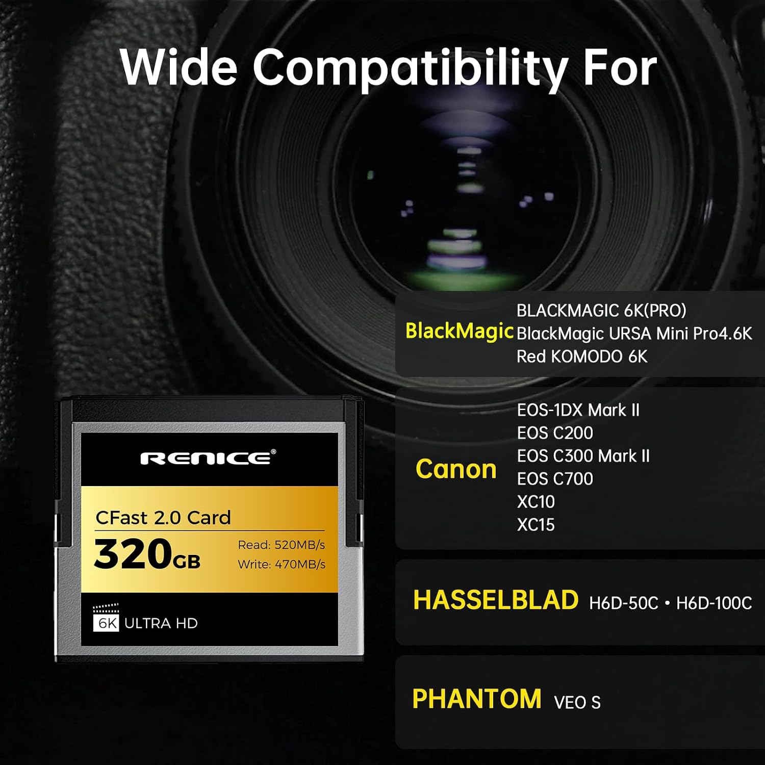 RENICE 320GB CFast 2.0 Memory Card, Up to 520MB/s Read, RAW 6K Video,for Filmmakers, Cinematographers(pSLC