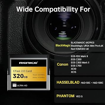 RENICE 320GB CFast 2.0 Memory Card,Up to 520MB/s Read,RAW 6K HD Video