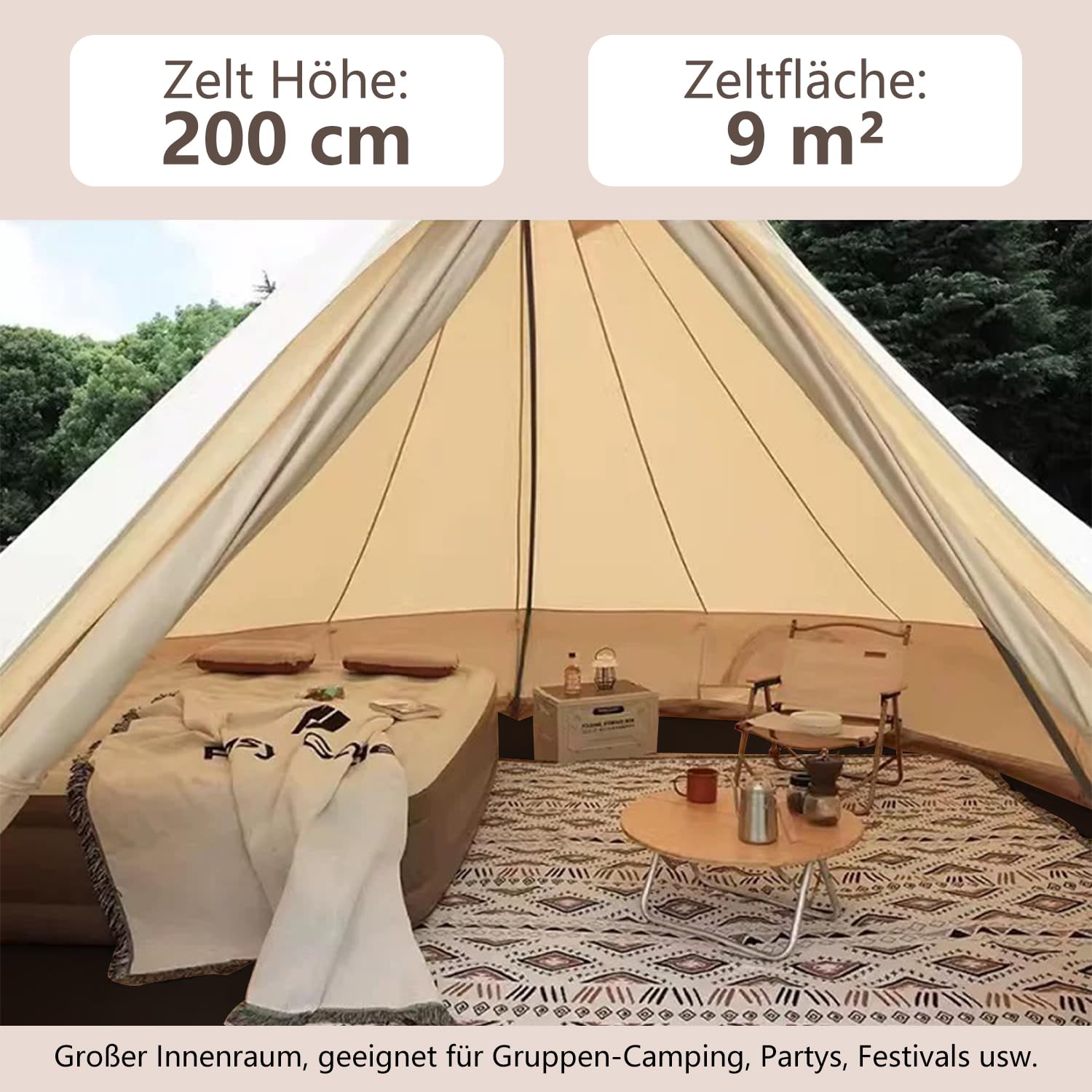 Glockenzelt 3m, Glamping Zelt für 2-4 Personen, Tipi Zelt Outdoor mit 3000 mm Wassersäule, Bbaumwollzelt 4 Personen, Tipizelt, Jurte Zelt für Geeignet für Familien-Camping, Musikfestivals, Hochzeiten Sport & Freizeit