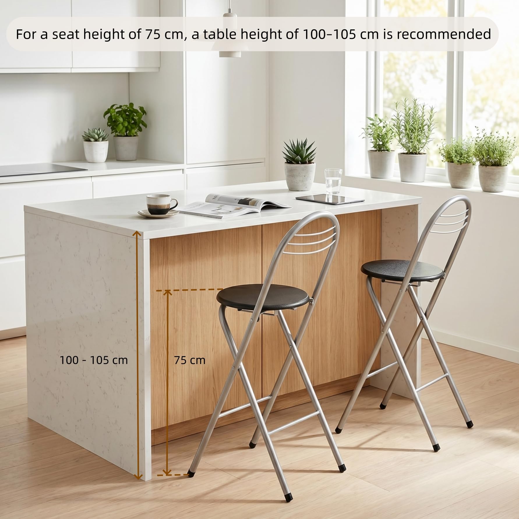 Lot de 4 Tabourets Bar Pliant avec Dossier, Hauteur d'assise 75 cm, Tabouret Haut Pliant Portable, Chaise de Bar Pliante, pour Cuisine Bistro Extérieure, sans Assemblage, Noir et Argent