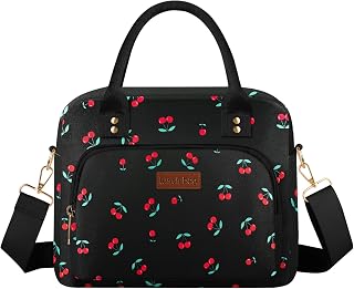 Lunch Bag Large Insulated Lunch Box for Women Men Adult Cute Cherry Lunchbox Lunch Bags Boxes Pail with Shoulder Strap for Work Mom Picnic Office Travel 11.4×6.8×9.1 inches 11.5L Black