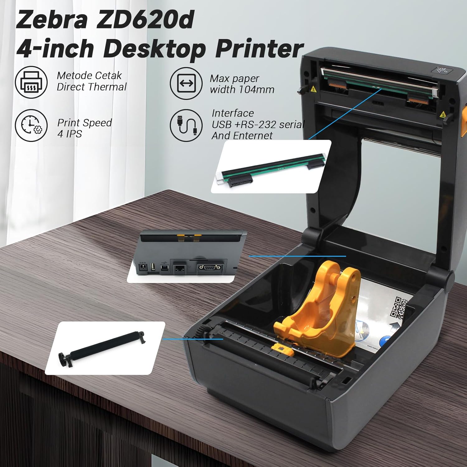 Zebra ZD620d Direct Thermal Desktop Printer with LCD Screen 203 dpi Print Width 4 in WiFi Bluetooth USB Serial Ethernet ZD62142-D01L01EZ - Image 3