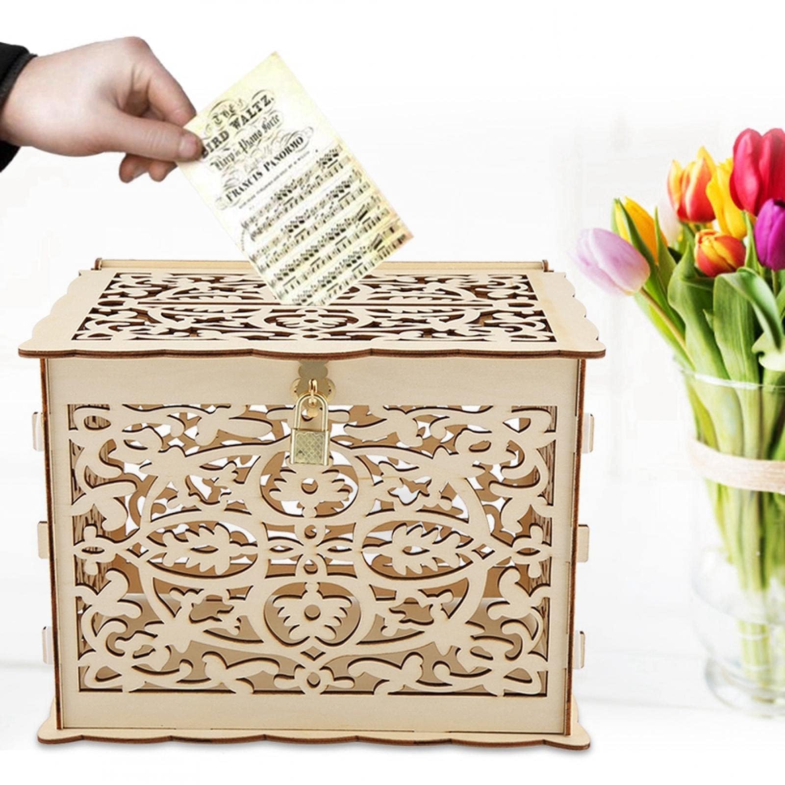HERCHR Porta Buste di Carte di Nozze in Legno con Coperchio e Serratura, Porta Buste per Ricevimento Matrimonio Anniversario con Serratura