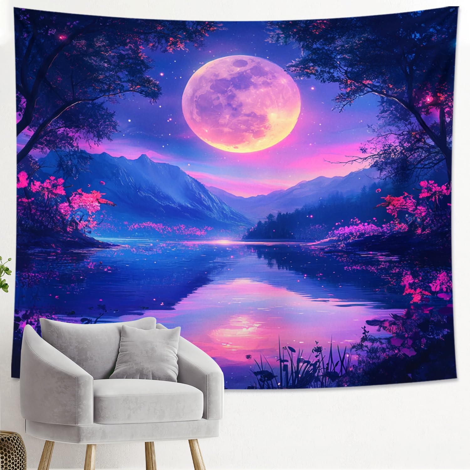Large Moon Glowing Moonlight Tapestry, Night Sky Mystical Forest Decorative Room Wall Hanging, Aesthetic Tapestries for Bedroom, Living Room, Dorm 50x60 Inch