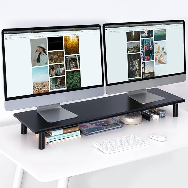 ROCDEER Bamboo Dual Monitor Riser with Adjustable Height for Laptop, Computer, Printer, TV Stand up to 130 lbs, Black