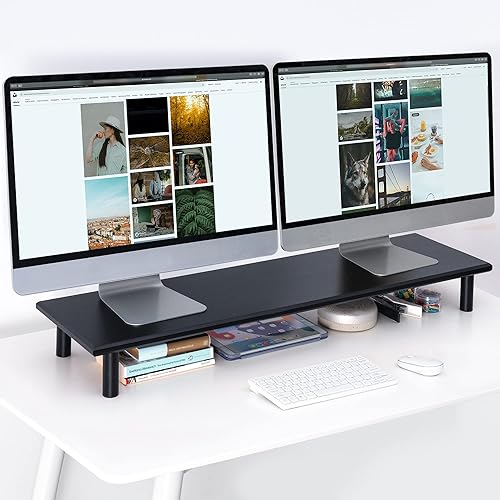 ROCDEER Dual Monitor Stand Riser, Black Desk Monitor Riser for 2 Monitors, Bamboo Supports for PC Computer Monitor, Printer, Heavy TV Riser up to 130 lbs