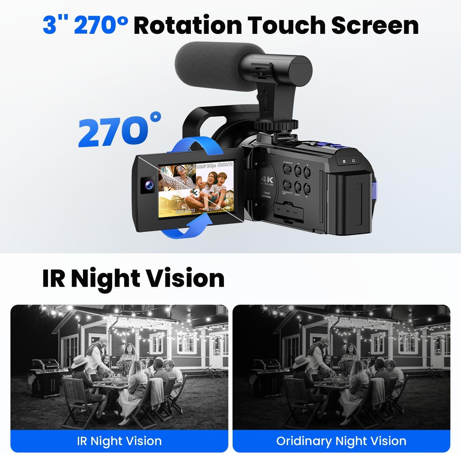 Caméra Vidéo 5K WiFi 56MP Double Objectif 16X Zoom Numérique IR Vision Nocturne 3" Écran Tactile avec 2 Piles et Carte 64 Go