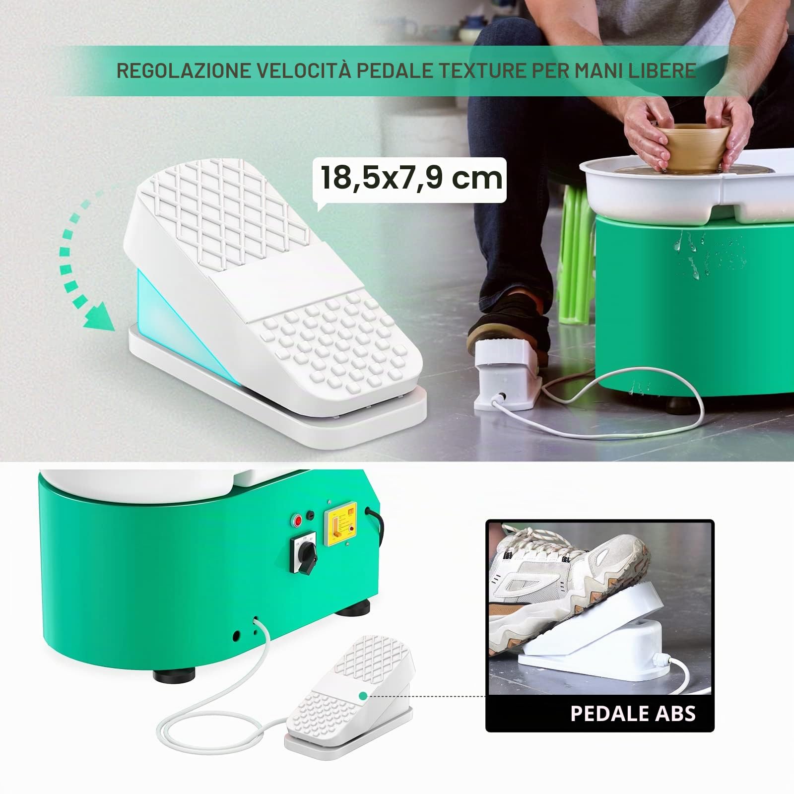 Tornio per Ceramica Elettrico, 350W 25CM Tornio per Argilla Macchina con Bacino ABS Rimovibile, Pedale e Strumenti di Modellazione, Ruota di Ceramica che Forma Macchina Adatta