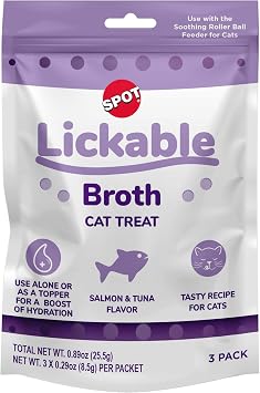 SPOT Lickable Broth Cat Treats Salmon & Tuna Flavor, Vitamin-Enriched Cat Treat Topper, Adds Hydration & Flavor, Use with Soothing Roller Ball Feeder, 3 Pack