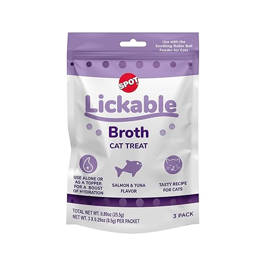 SPOT Lickable Broth Cat Treats – Salmon & Tuna Flavor, Vitamin-Enriched Cat Treat Topper, Adds Hydration & Flavor, Use with Soothing Roller Ball Feeder, 3 Pack