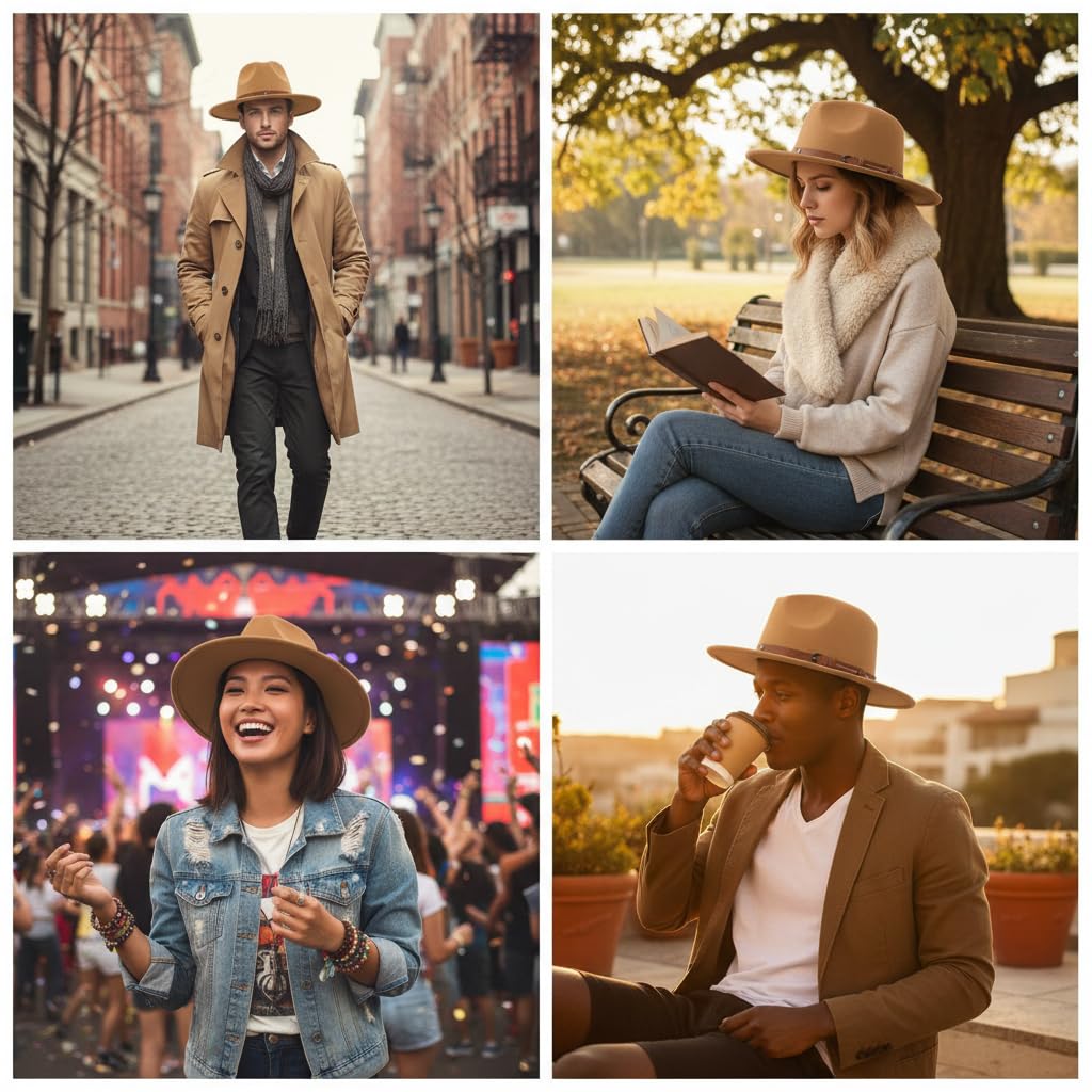 QUUPY Kaki Classique Felt Fedora Chapeau Large Bord Soft Hair Panama Chapeau Automne Hiver Jazz avec Rivet Boucle déployante et Cordon de Serrage réglable