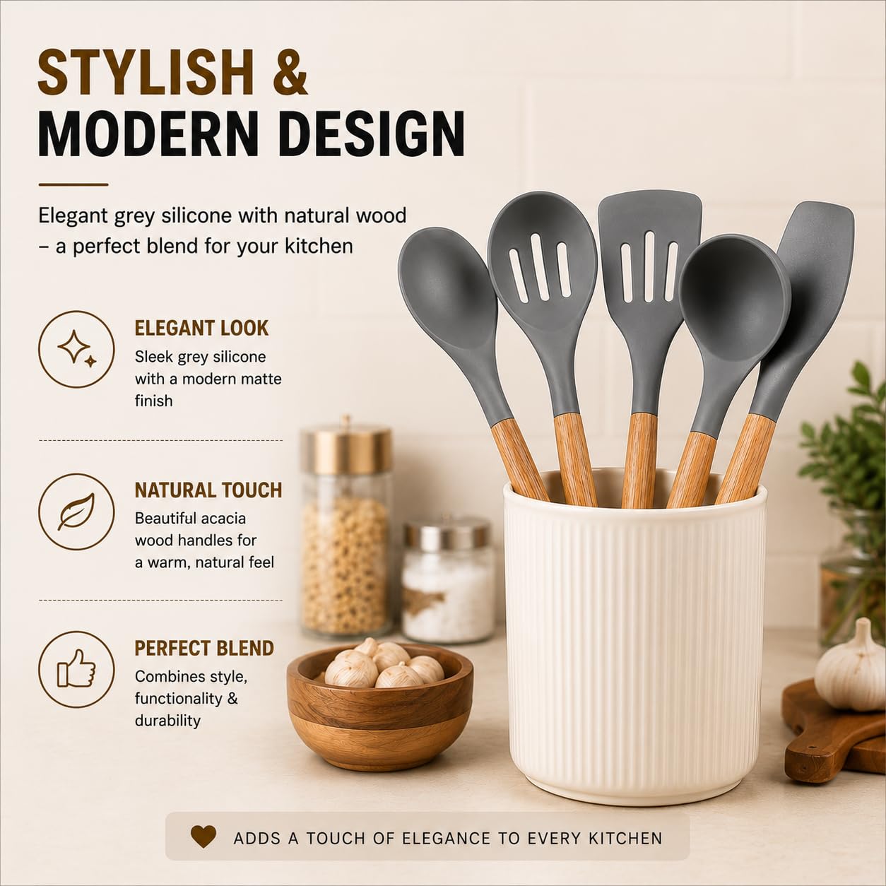 Zollyss Silicone Spatula Set | 5-Piece Premium Silicone Spatula for Non Stick Cookware & Cooking Utensils with Wooden Handles, Heat Resistant Non-Stick Safe Spatula & Spoon Set, Grey — Amazon image 6