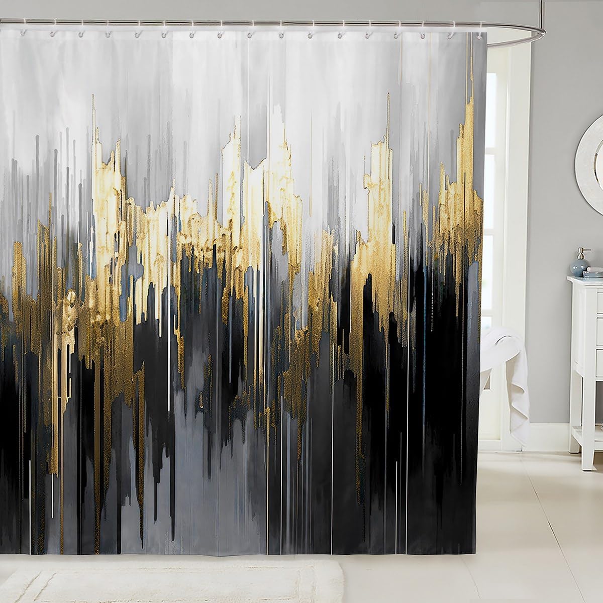 Gray Blue Bathroom Curtain Gradient Stripe Bath Curtain, Modern Oil Painting Graffiti Shower Curtain Watercolor Abstract Artwork Bathroom Curtain, Aesthetic Chic Vintage Bath Curtain Lightweight