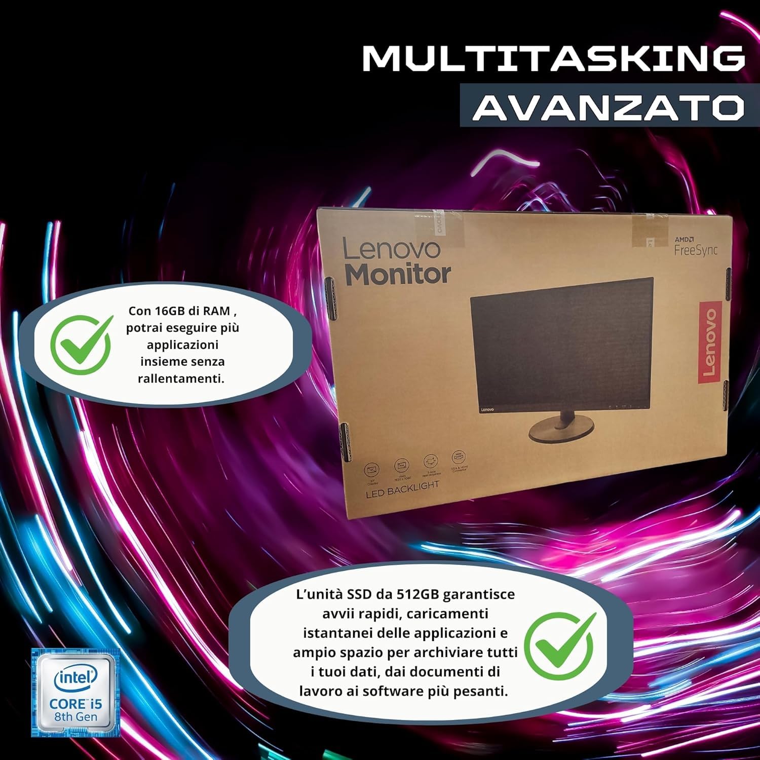 Lenovo 27 Pollici Computer i5 8500 16GB RAM 512GB SSD Win 11 Pro Office 2021 Pro