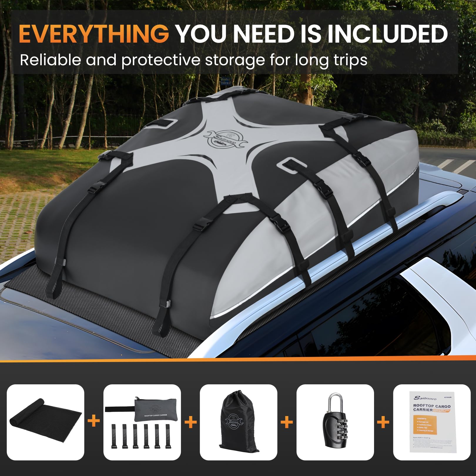 Sailnovo Auto Dachbox Faltbar 20 Kubikfuß Wasserdichter Dachtasche Auto, Passend für Autos Gepäckträger, mit Anti-Rutsch-Matte +Vorhängeschloss+ Verstärkte Gurte +6 Türhaken(Grau-Schwarz)