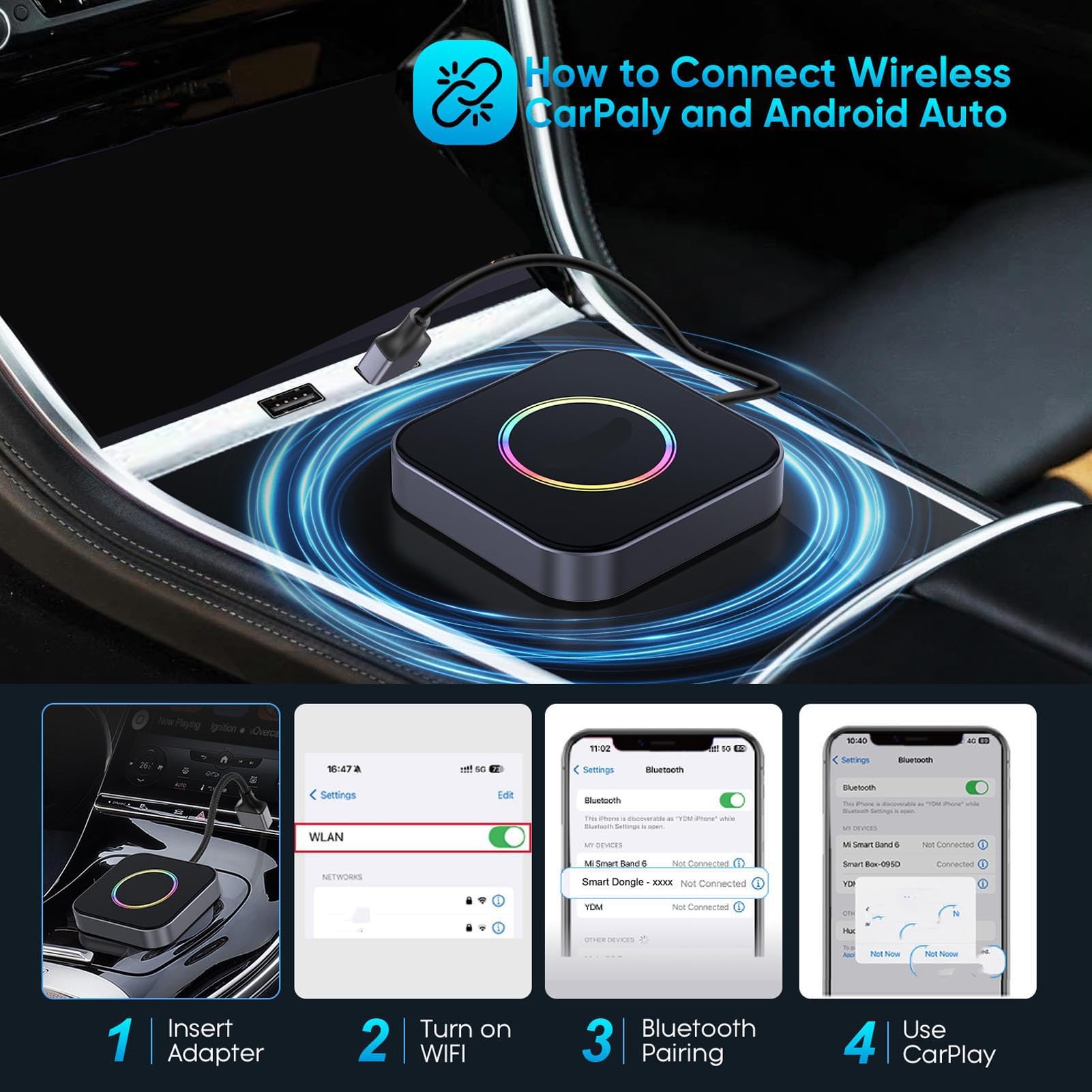 Ejoyous Bezprzewodowy Adapter, Car Box z 2290 4 GB RAM 13 Aktualizacje OTA Podzielony Ekran dla IOS z 4G LTE WLAN BT GNSS