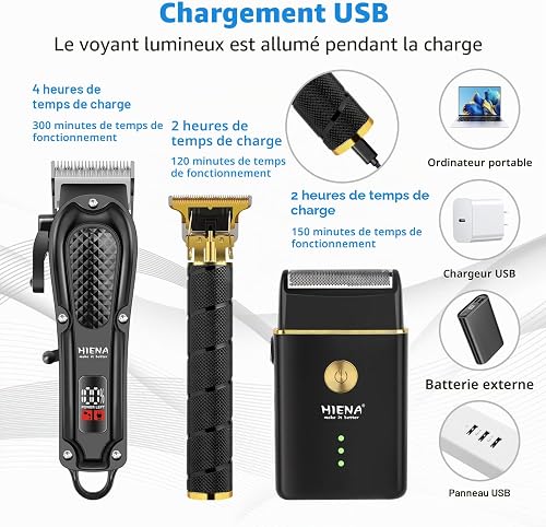 HIENA PRO Tondeuse à cheveux pour homme, sans fil, tondeuse à cheveux, tondeuse à barbe, rasoir à lames, kit complet de rasage et de coupe de cheveux électrique (3 pièces) - 5