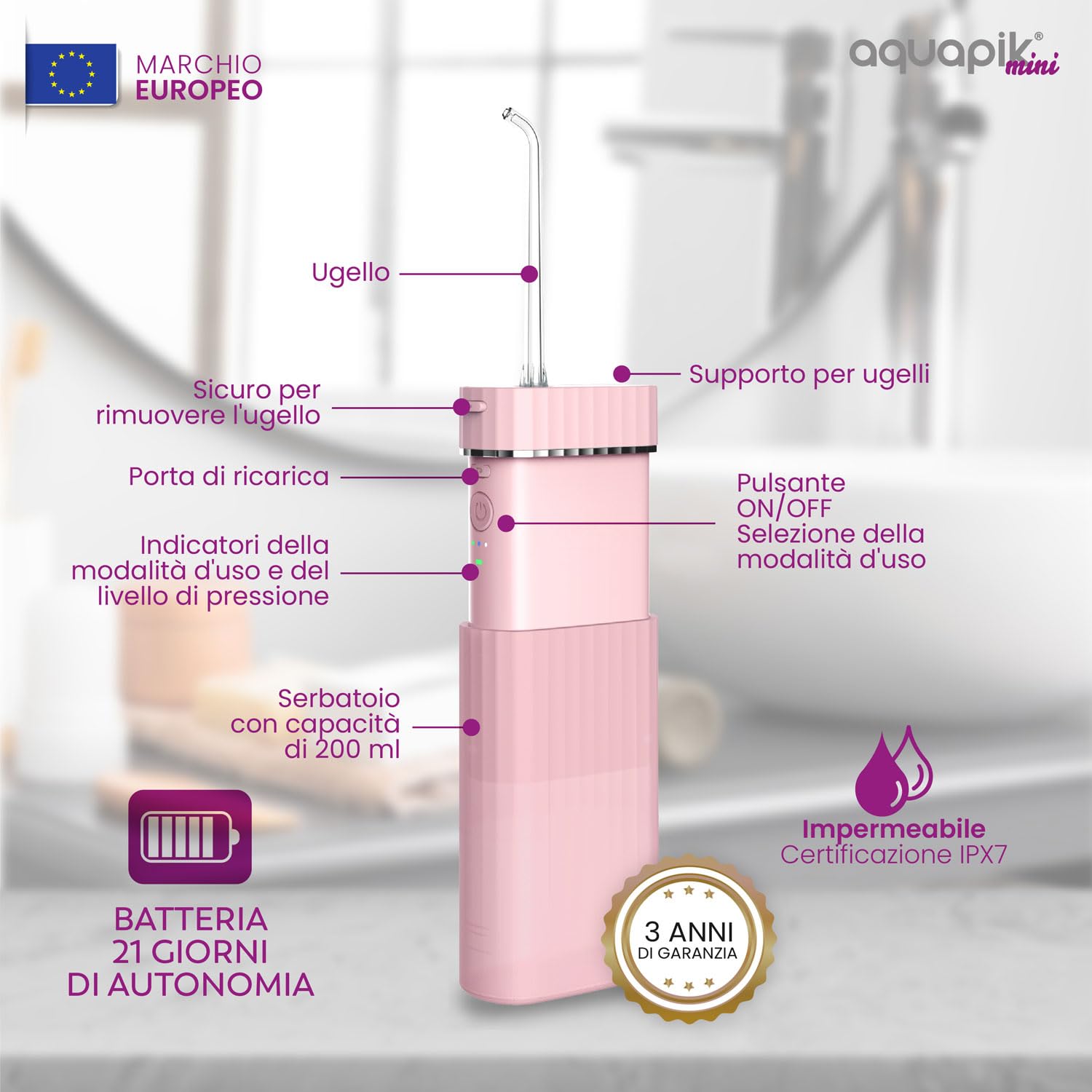 Aquapik® Mini Idropulsore Dentale Portatile | Rimuove la Placca + Raccomandato dai Dentisti + Protegge Impianti e Apparecchi Ortodontici | Waterflosser 4 Ugelli + 3 Modalità d'Uso + Ricaricabile USB-C