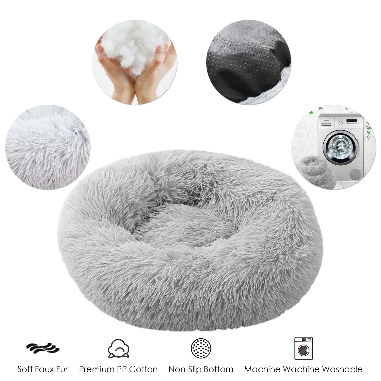 90cm Rund Hundebett Katzenbett, Plüsch Flauschig Hundekorb Katzenkissen Kuscheliges Donut, Waschbar Warm Hundekissen für Mittelgroße und Große Hunde, Katzen und Andere Haustiere (Hellgrau)