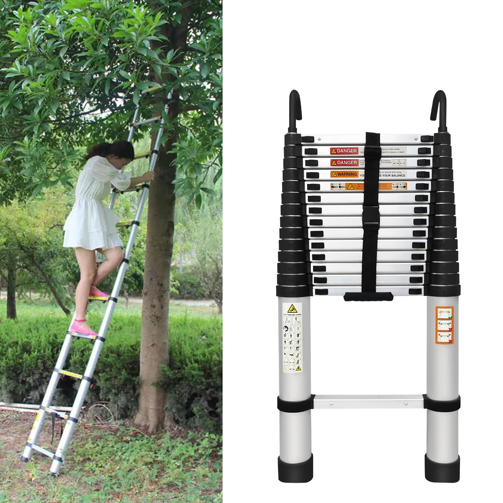 Telescopic Ladder 16.4FT with 2 Hooks, Aluminum Telescoping Ladder, Portable Loft Ladder for Home Outdoors, 330LB Capacity, EN131