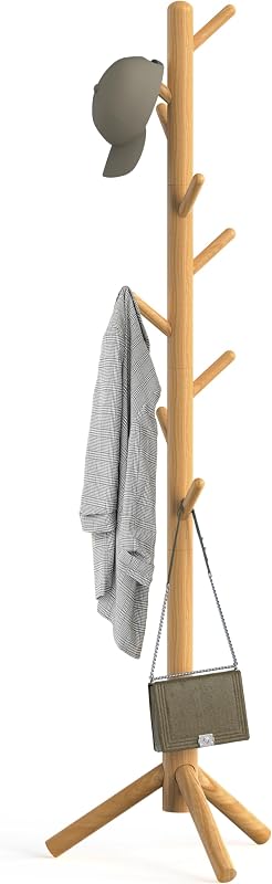 Wooden Coat Rack Stand, Hall Tree with 9 Hooks, Oak | Adjustable Tree Rack for Entryway, Hallway, Bedroom, Office