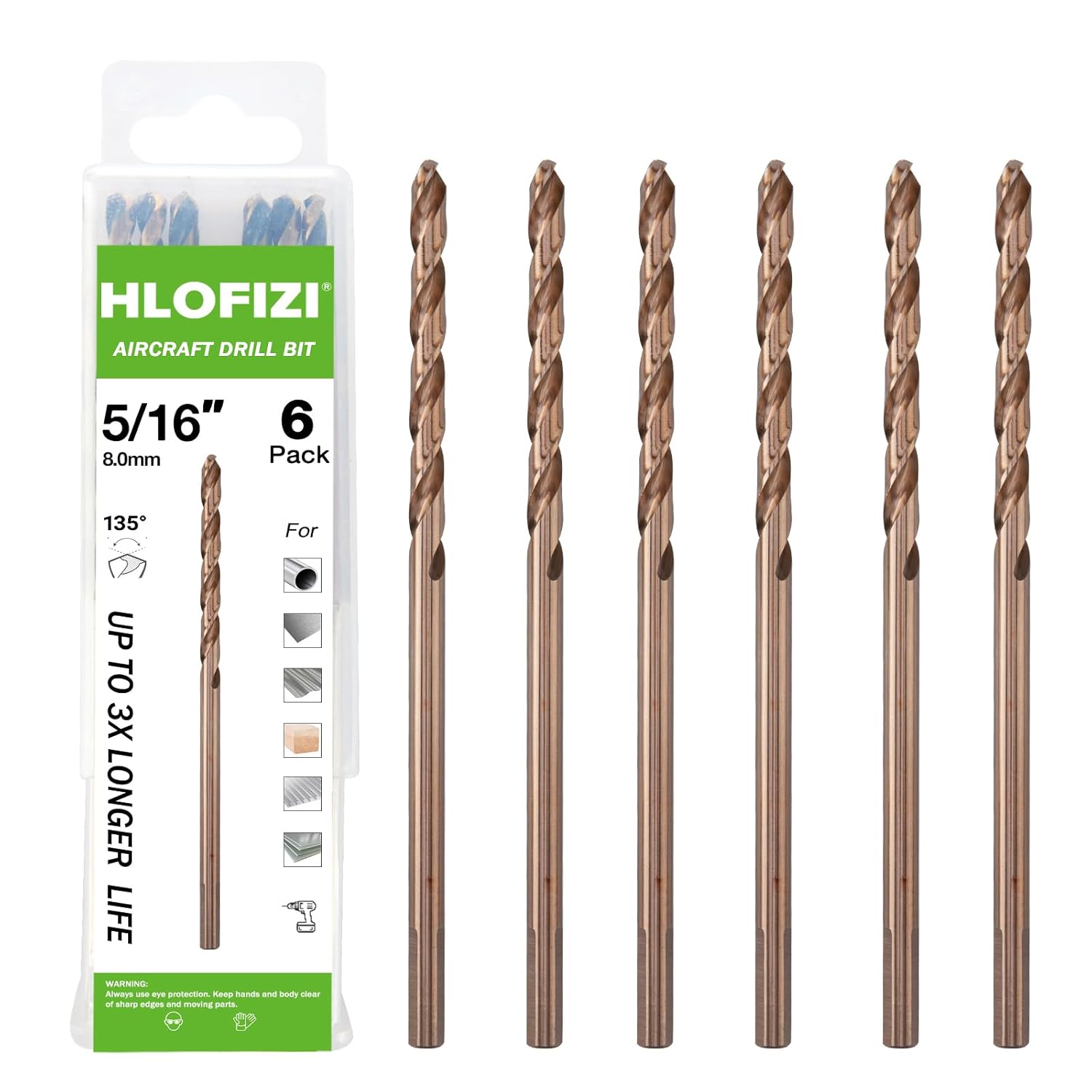 5/16 x 6 Inch Cobalt Long Drill Bits (6 Pack), Drilling for Hard Wood, Aluminum, and Soft Metal