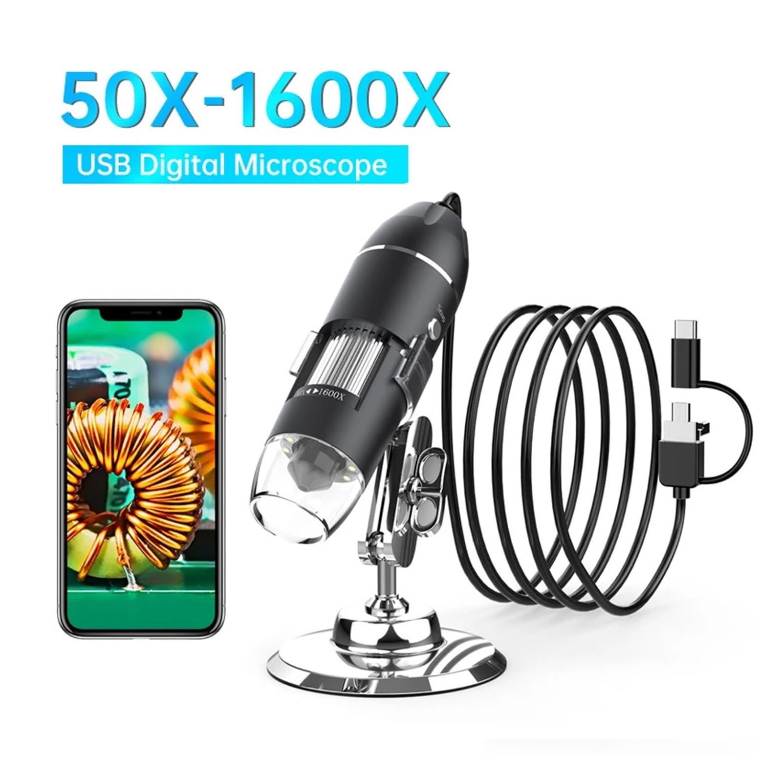 1600X USB Digital Microscope 3in1 Type C Electronic Microscopes for Soldering 1080P HD with 8LEDs Compatible(3in1 2MP)