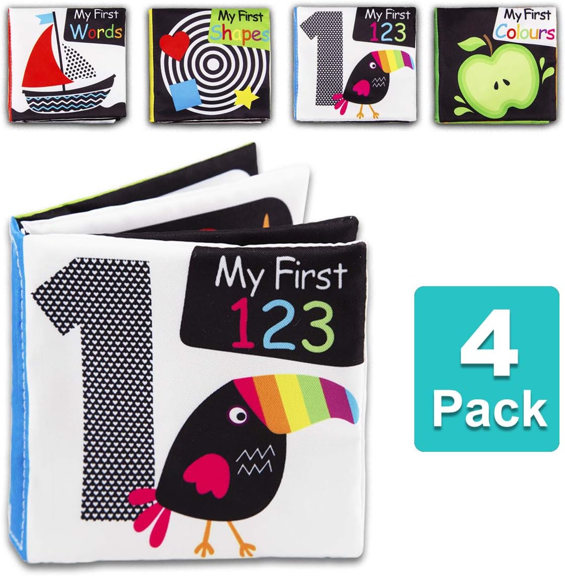 4 Pack Baby First Soft Activity Cloth Book Set, Black and White High Contrast Interactive Crinkle Bundle for Infant, Early Education for Brain Development with Numbers, Words, Shapes, Colors