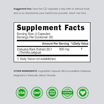 Catuaba Bark Extract 10,000mg Per Serving (120 Capsules) (Erythroxylum Catuaba) 3rd Party Tested - Drive & Stamina - Made in The USA - Gluten Free & Non-GMO - Vegan - For Men & Women - (120 Capsules)