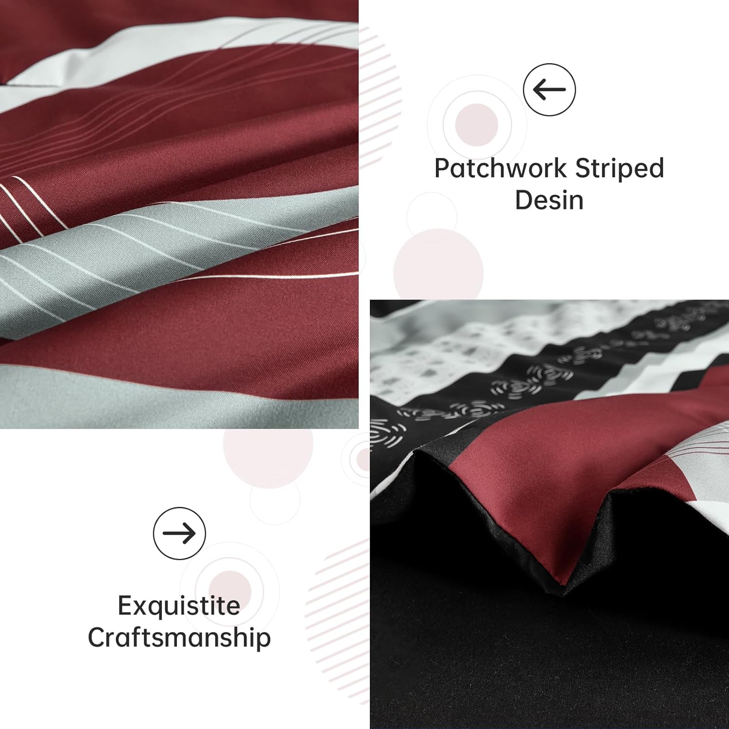 Anibedding Burgundy Comforter Set Queen Size, 8 Pieces Striped Bed in a Bag, Patchwork Comforter with Sheets Set Soft Microfiber Boho Bedding Sets(90"×90") - Image 6