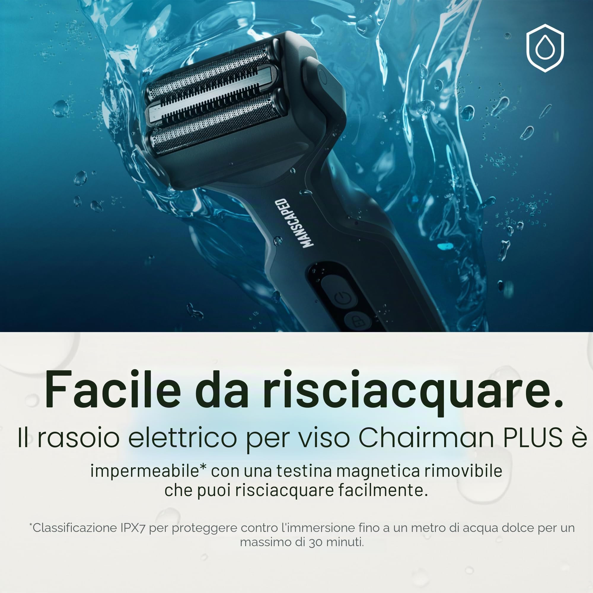 MANSCAPED® The Chairman™ Plus Rasoio Elettrico a Lamina per Viso da Uomo - Due Testine Intercambiabili, Lamina a Tre Lame SkinSafe® e Rifinitore di Precisione per Basette e Linea della Mascella