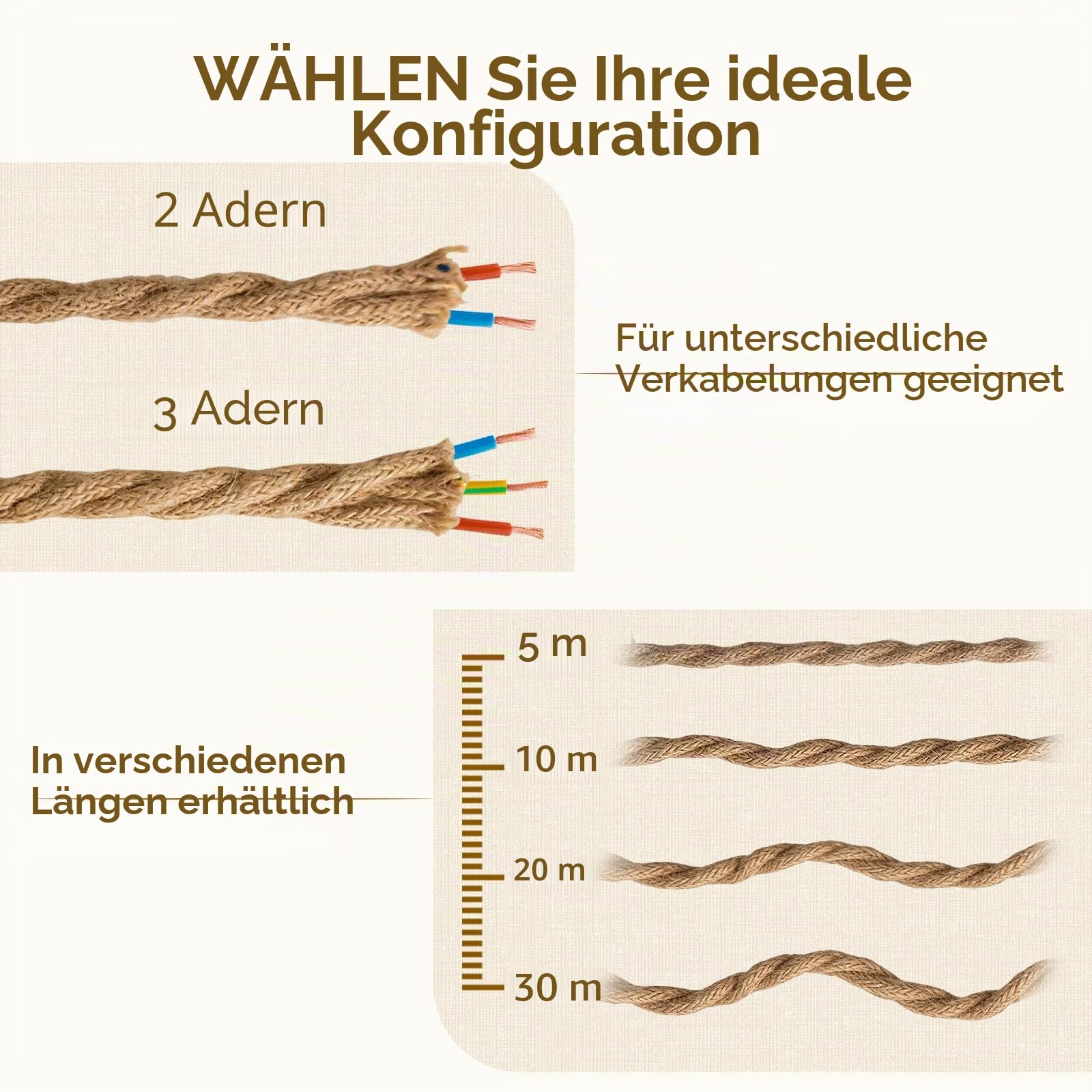 DiCUNO Textilkabel, Leinenoptik 20M, 3-adrig, Vintage, DIY, 1er Pack
