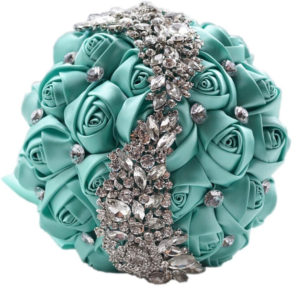 Satin Rose Flowers Crystal Wedding Bridal Bouquets for Bride Article Flowers Crystal Royal Blue