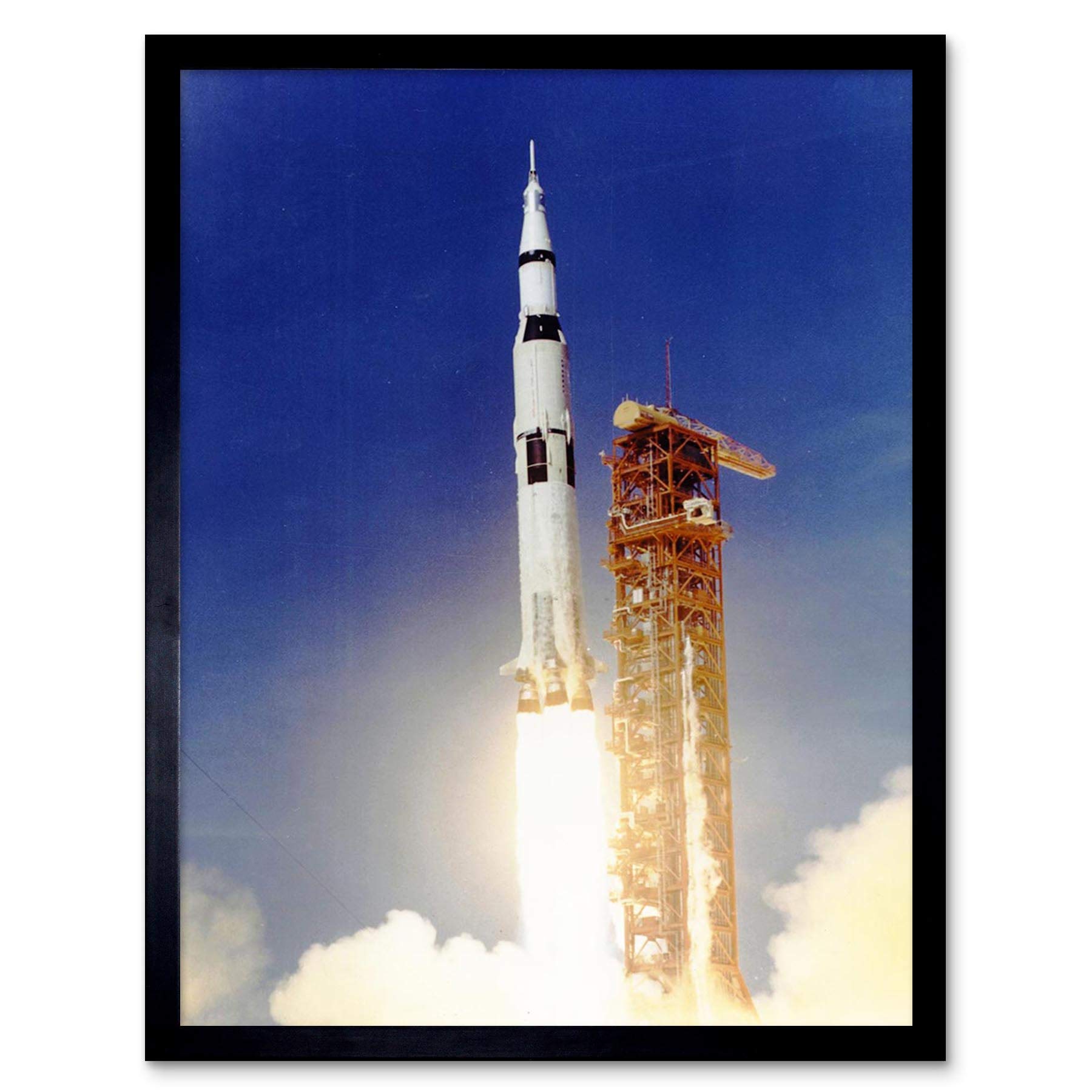 Wee Blue Coo Space Apollo 11 Launch Saturn V Rocket Blast Thrust Flame USA Art Print Framed Poster Wall Decor 12X16 Inch