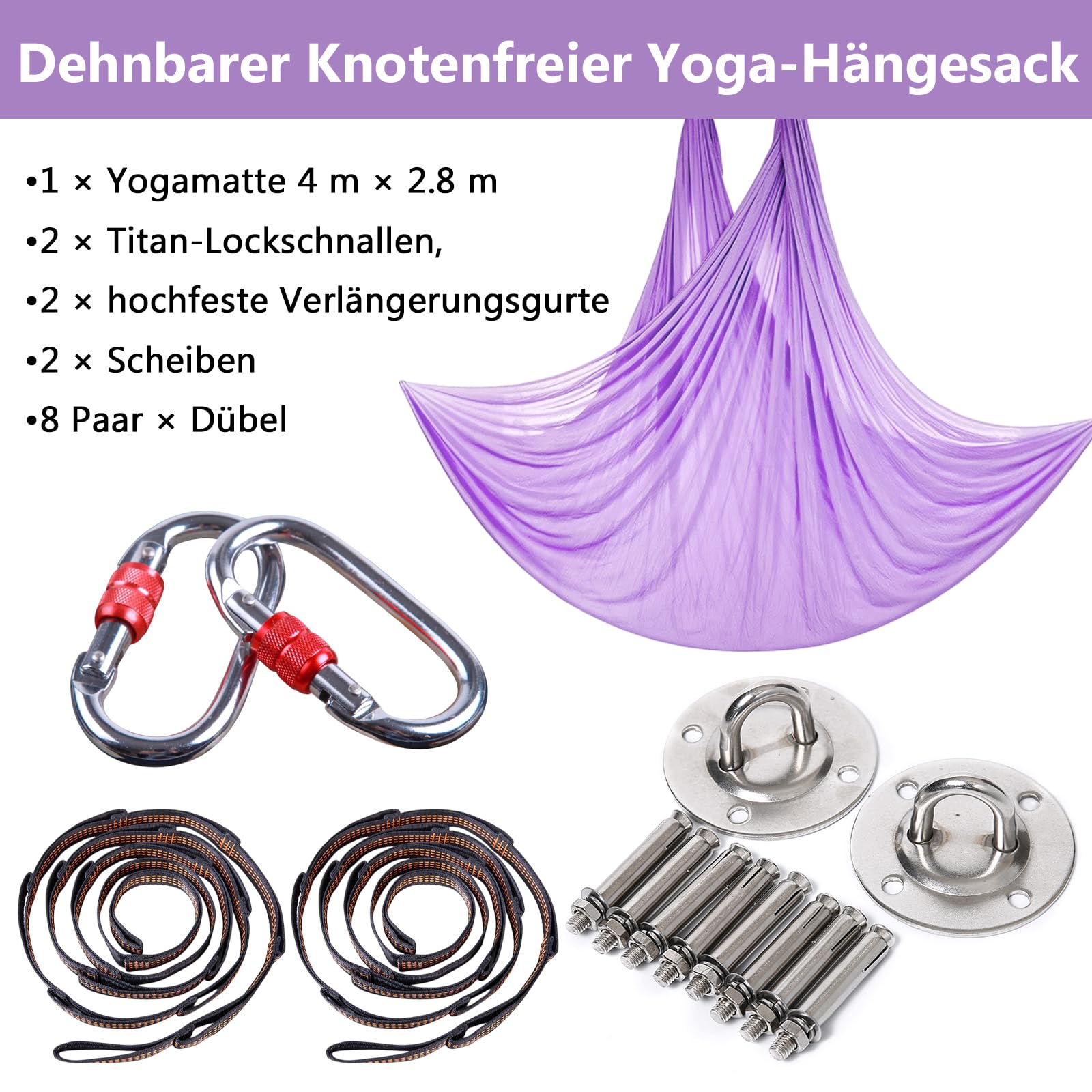 Aerial Yoga Hängematte Set, 5m x 2,8m Aerial Yogatuch Anti-Gravity YogaSwing, Aerial Yoga Hammock Swing 200 kg Tragfähigkeit, Nylon Tuch Nestschaukel mit Beschläge(Lila)