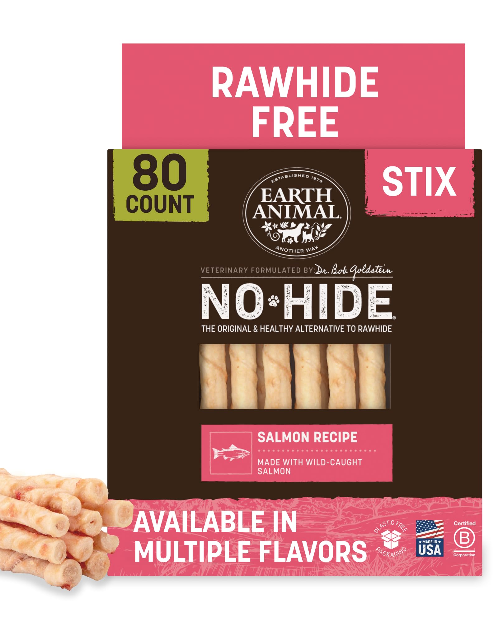 Earth Animal No Hide Stix - Rawhide Free Dog Chews Sticks 80 Count Salmon
