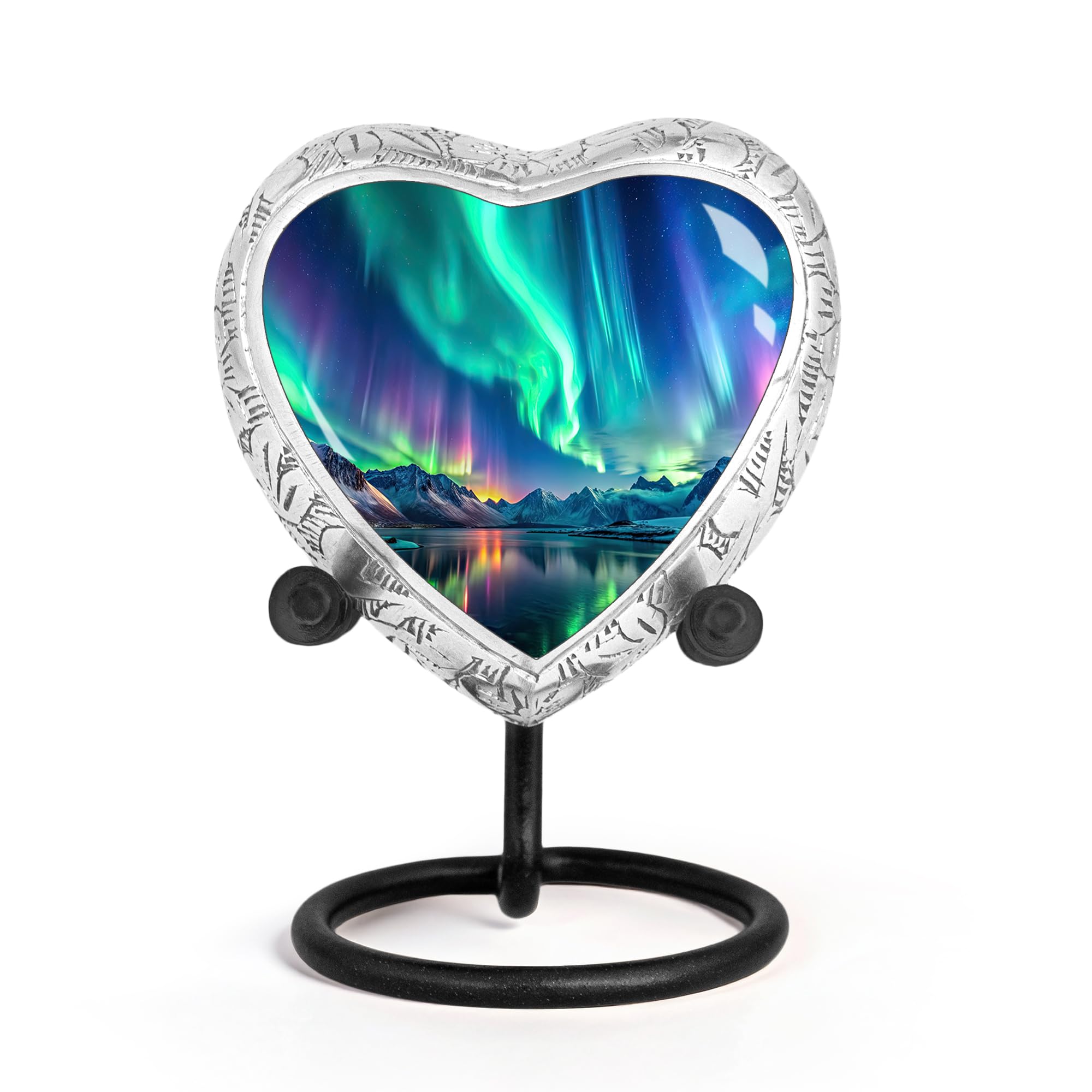 Aurora Borealis Heart Keepsake Cremation Urn for Human and Pet Ashes – Small Aluminum Memorial Burial Urn for Men, Women & Pets, Northern Lights Decorative Display