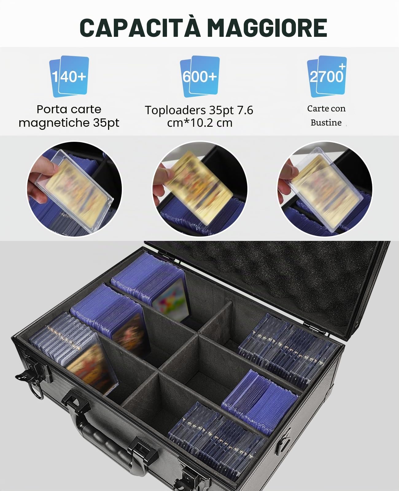 iDiskk Scatola Porta Top Loader con Serratura, Trading Card Holder Box, Protezione Resistente per Sport, Carte Collezionabili, Organizer Imbottito con Chiavi per Oltre 600 Carte, Nero